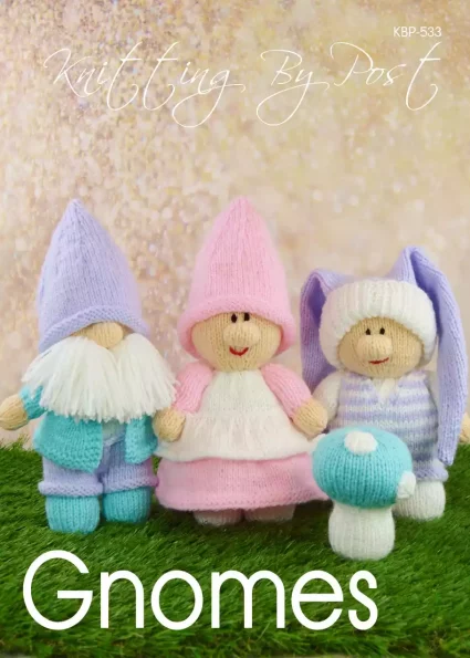 Gnomes Booklet knitting patterns – collection of four knitted gnome designs including Sleepy Gnome (20cm tall), Bearded Gnome (28cm tall), Lady Gnome (28cm tall), and a Mushroom (10cm tall), all knitted with double knitting yarn