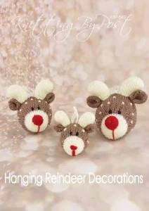 Hanging Reindeer Decorations knitting pattern – set of three brown and cream knitted reindeer baubles with red noses, available in small (6 cm), medium (8 cm), and large (10 cm) sizes, knitted with double knitting yarn