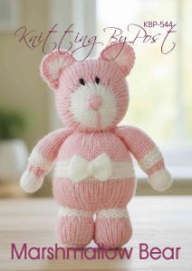 Marshmallow the Bear knitting pattern – pink and white knitted teddy bear soft toy, approximately 22cm tall, knitted with double knitting yarn.
