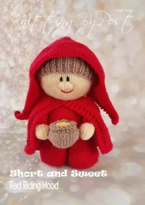 Red Riding Hood Dolly knitting pattern – knitted doll wearing a red cloak and hood, holding a basket, approximately 24cm tall, crafted with double knitting yarn.