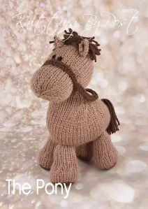 The Pony Knitting Pattern – light brown knitted pony soft toy with dark brown mane and tail, approximately 24cm tall and 20cm long, designed for double knitting yarn