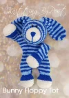 Floppy Bunny Comforter knitting pattern. Baby comforter approximately 18cm long, featuring a light blue and dark blue striped bunny head and arms attached to a soft, flat blanket body.