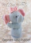 Elephant Hand Puppet knitting pattern. Grey knitted hand puppet approximately 28cm tall, featuring a round head, long trunk, large floppy ears with pink inner details, and an open base for hand movement.
