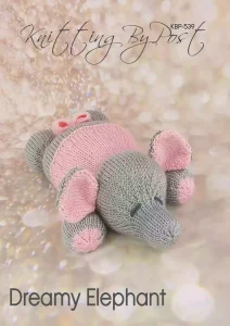 Dreamy Elephant knitting pattern – grey and pink knitted sleeping elephant soft toy, approximately 28cm tall, crafted with double knitting yarn