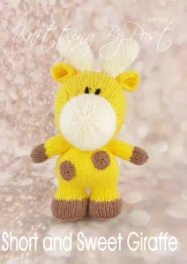 Short and Sweet Giraffe knitting pattern. Yellow knitted toy giraffe approximately 25cm tall, featuring brown spots, cream-colored muzzle, and small ossicones on the head.