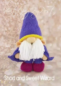 Short and Sweet Wizard knitting pattern. Purple knitted toy wizard approximately 27cm tall, featuring a tall pointed hat, long white beard, and yellow accents.