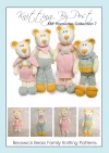 Favourites Booklet 7 – Bearwick Bears Family knitting pattern collection. Includes four patterns: Bearwick Mum and Dad (approximately 35cm tall), and Bearwick Boy and Girl (approximately 31cm tall). Each cream-colored knitted bear features colorful clothing and accessories