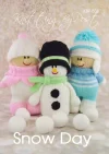 Snow Day Booklet knitting patterns. Winter-themed collection featuring knitting patterns for a boy (approximately 29cm tall), a girl (approximately 27cm tall), and a snowman (approximately 23cm tall). Each character is designed with winter clothes on.