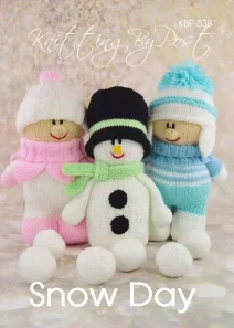 Snow Day Booklet knitting patterns. Winter-themed collection featuring knitting patterns for a boy (approximately 29cm tall), a girl (approximately 27cm tall), and a snowman (approximately 23cm tall). Each character is designed with winter clothes on.