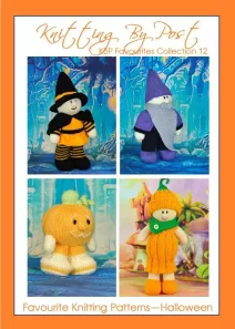 Favourites Booklet 12 Halloween knitting pattern – knitted toy collection including a pumpkin, witch, ghost, and black cat. Toy knitting patterns for Halloween decorations and gifts