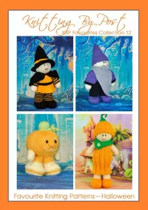 Favourites Booklet 12 Halloween knitting pattern – knitted toy collection including a pumpkin, witch, ghost, and black cat. Toy knitting patterns for Halloween decorations and gifts