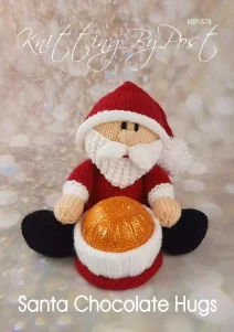 Santa Chocolate Hugs knitting pattern. Christmas-themed knitted toy Santa approximately 18cm tall when seated, designed to hold a chocolate orange within its body. Features a red suit, white beard, and black belt