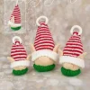 Hanging Elf Decorations knitting pattern. Christmas-themed knitted elf decorations in three sizes: small (6 cm), medium (8 cm), and large (10 cm) tall, excluding hanging loop. Each elf features a green and red outfit with a white trim, perfect for adding festive charm to your Christmas tree.