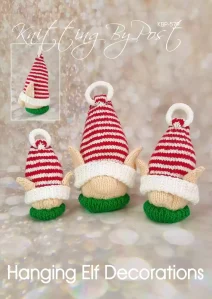 Hanging Elf Decorations knitting pattern. Christmas-themed knitted elf decorations in three sizes: small (6 cm), medium (8 cm), and large (10 cm) tall, excluding hanging loop. Each elf features a green and red outfit with a white trim, perfect for adding festive charm to your Christmas tree.