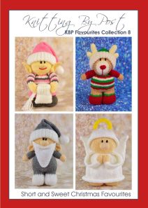 Favourites Booklet 8 – Christmas knitting pattern collection. Includes four festive designs: Short and Sweet Elf (approximately 22cm tall), Short and Sweet Reindeer (approximately 20cm tall), Short and Sweet Santa (approximately 17cm tall), and Short and Sweet Angel (approximately 17cm tall). Each pattern features detailed instructions for creating charming Christmas-themed knitted toys.