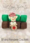 Elf and Reindeer Crackers knitting pattern. Christmas-themed knitted toy crackers approximately 25cm long, featuring elf and reindeer designs with festive colors, perfect for Christmas table settings.