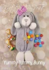 An Easter bunny knitting pattern with a grey body, white paws, and a pink bow on its head. The bunny has a button on its belly and colorful candy-coated chocolates spilling from an opening in its front.