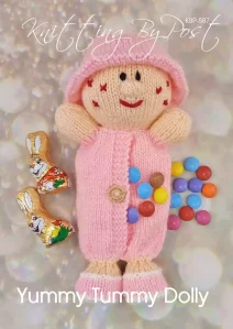 Yummy Tummy Dolly knitting pattern. Pink knitted doll with a round head, stitched facial features, and an opening in the tummy for storing sweet treats