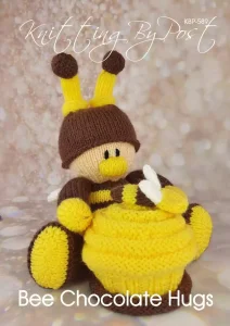 Bee Chocolate Orange Hugs knitting pattern. Yellow and brown knitted toy bee approximately 23cm tall, designed to hold a chocolate orange within a removable beehive