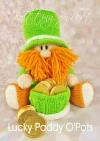 Lucky Paddy O'Pots knitting pattern. St. Patrick's Day-themed knitted toy leprechaun approximately 30cm tall, featuring a green outfit, red beard, and holding a pot of gold.