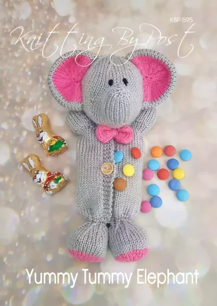 Yummy Tummy Elephant knitting pattern. Grey knitted toy elephant approximately 25cm tall, featuring a pink inner ear, a secret tummy pocket secured with a button for storing sweet treats.