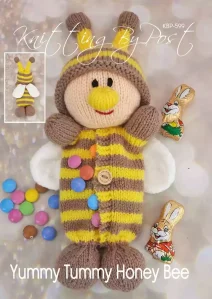 Yummy Tummy Honey Bee knitting pattern yellow and brown knitted bee soft toy with white wings and a hidden tummy pocket for storing small items, knitted with double knitting yarn